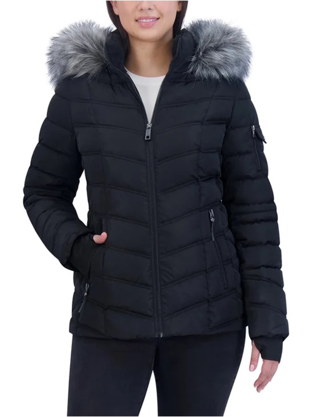 NWT Nautica Women’s Black Quilted Puff Jacket with Faux Fur Hood